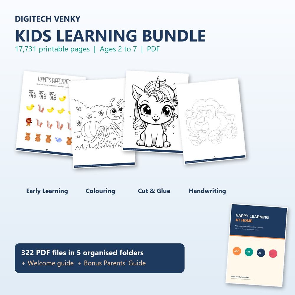 Kids Learning Printable Worksheets Bundle with sample worksheet pages and a Parents' Guide